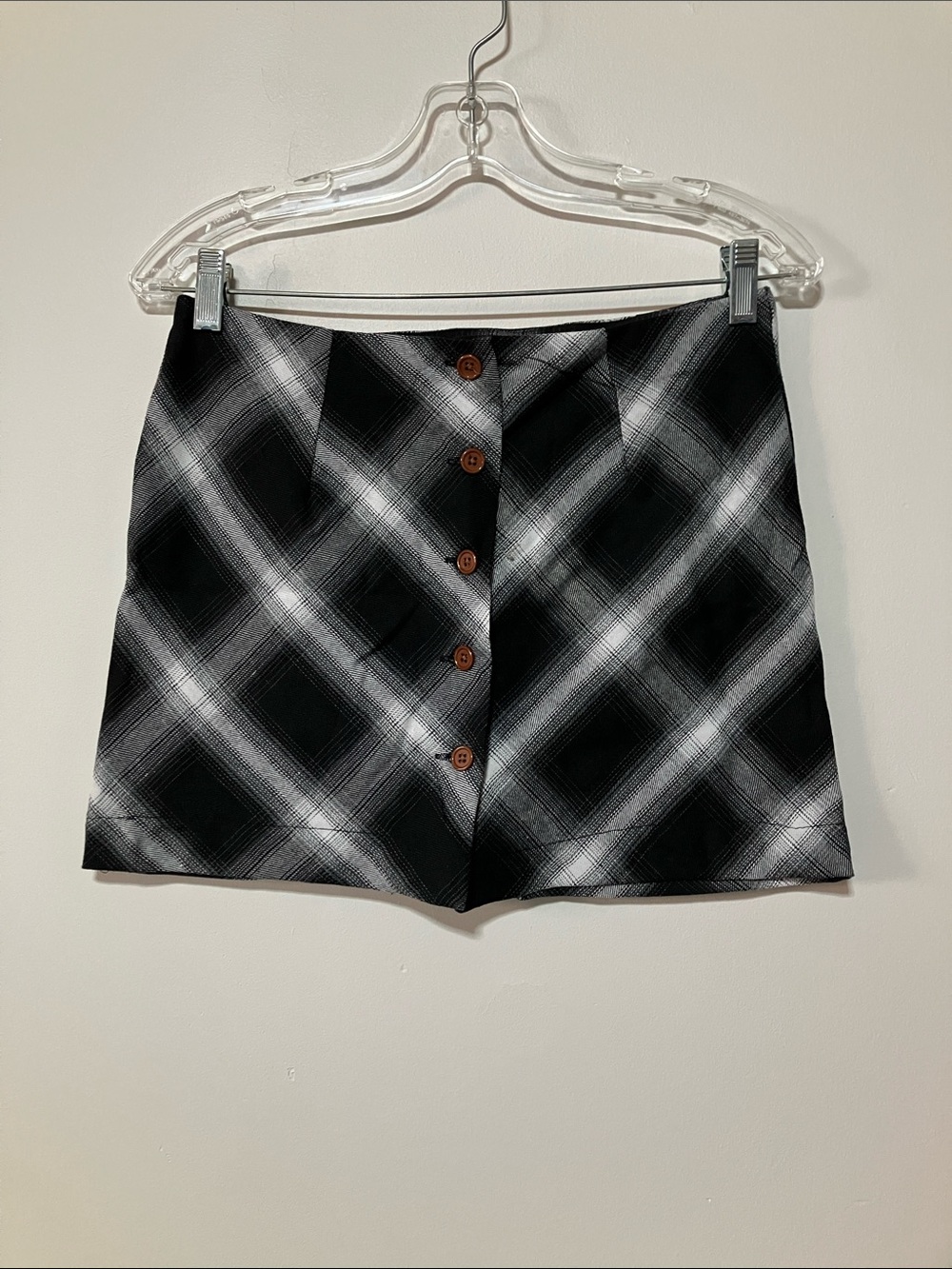 Black White Plaid Tartan Button Front Mini Skirt A Line Preppy Size Medium